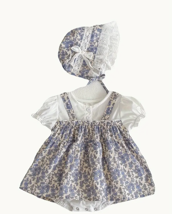 Baby's Pastoral Style Floral Pattern Faux Two-piece Cotton Puff Sleeve Romper Dress & Hat,