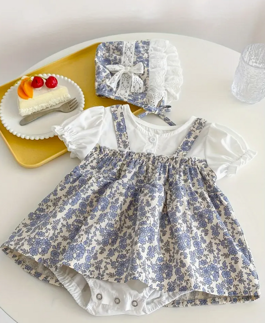 Baby's Pastoral Style Floral Pattern Faux Two-piece Cotton Puff Sleeve Romper Dress & Hat,